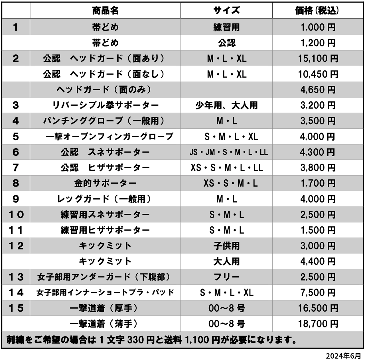 サポーター道着料金表